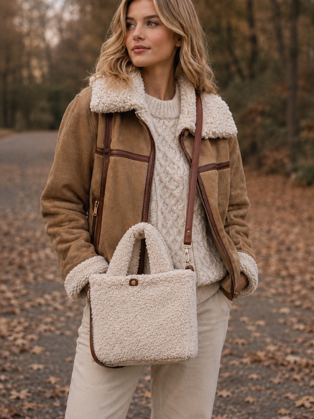 NWT Cream Teddy Sherpa Crossbody Bag Neutral Winter Cabin Cottagecore Après Ski